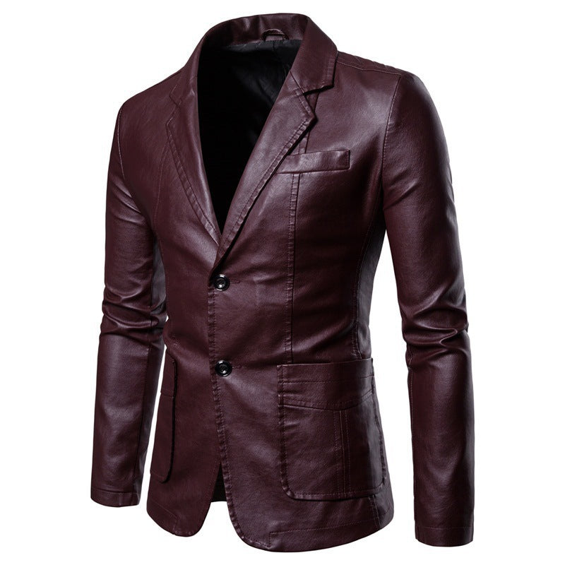 Men’s Slim Fit PU Leather Blazer with Lapel Collar