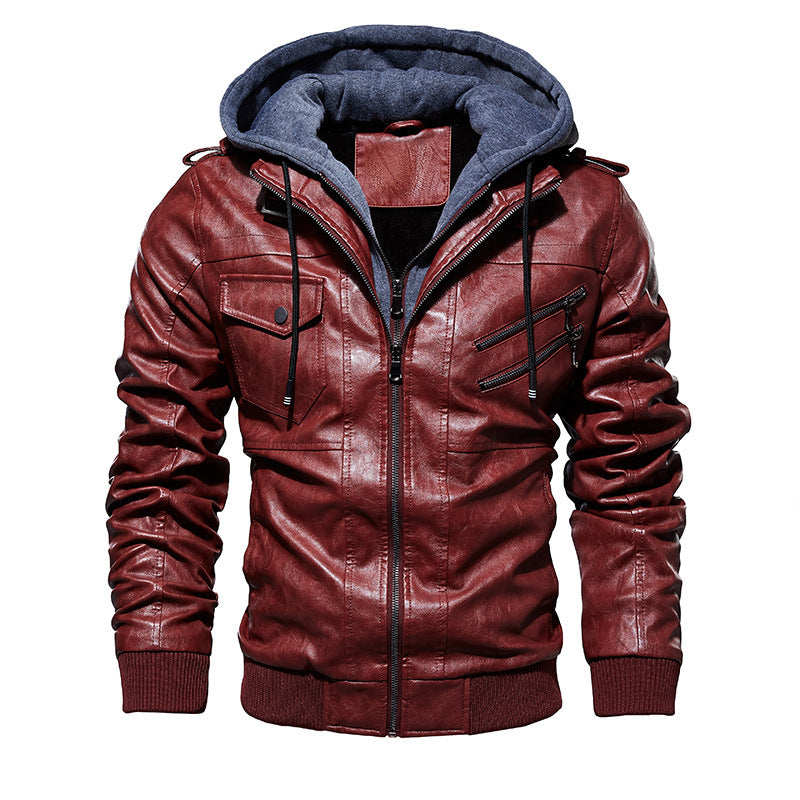 Men's Stylish Hooded PU Leather Jacket with Zipper Front Design