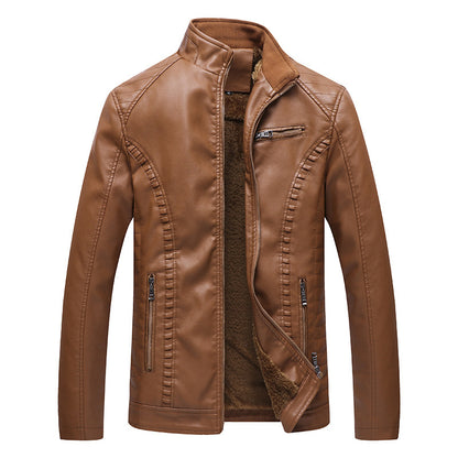 Men’s Fleece Lined PU Leather Jacket with Stand Collar