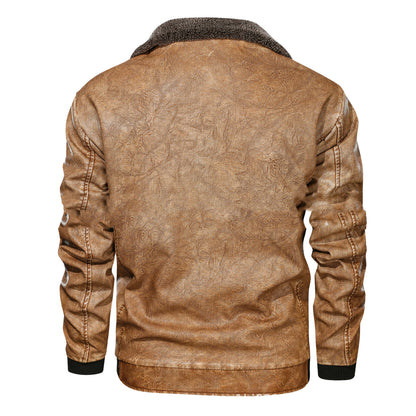 Men’s Lapel PU Leather Jacket with Velvet Padding for Winter
