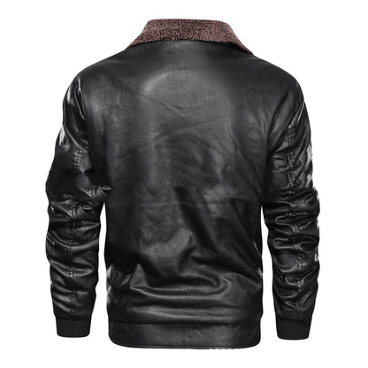 Men’s Lapel PU Leather Jacket with Velvet Padding for Winter