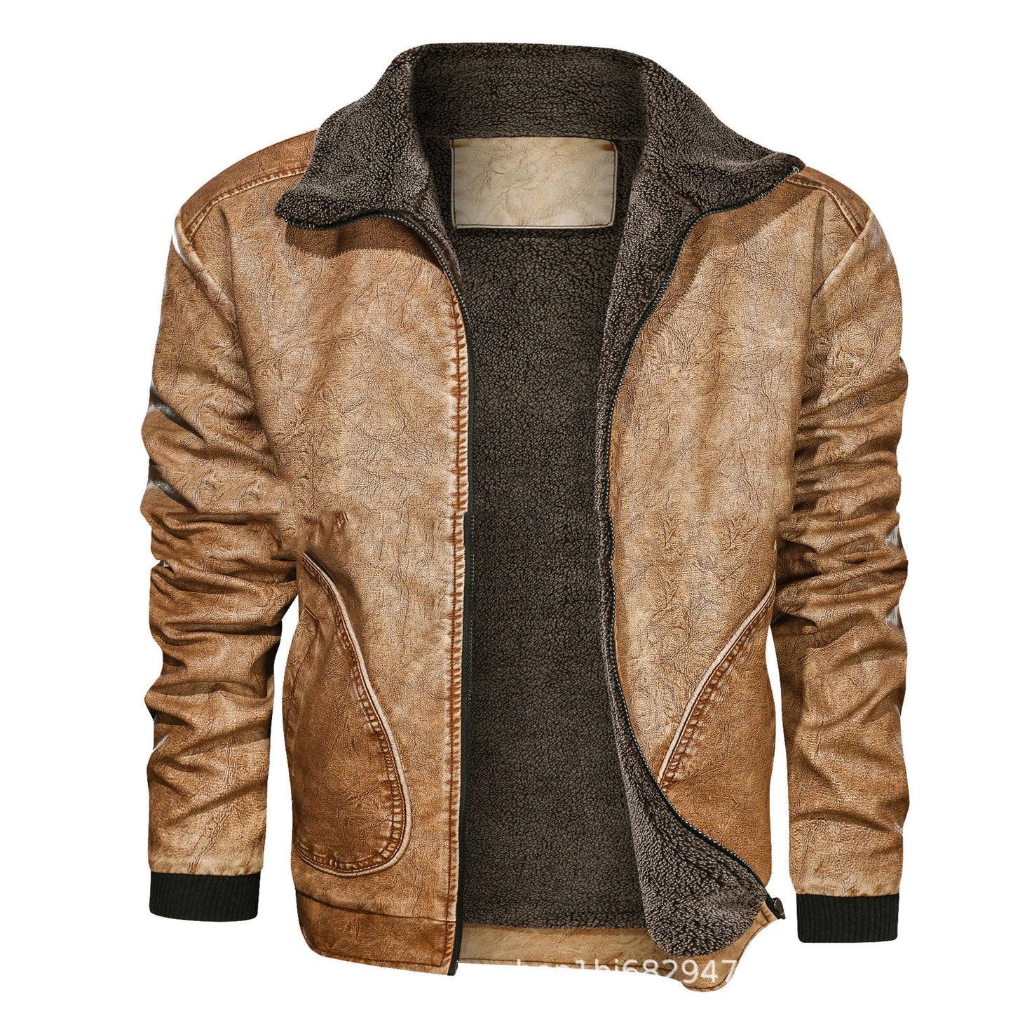 Men’s Lapel PU Leather Jacket with Velvet Padding for Winter