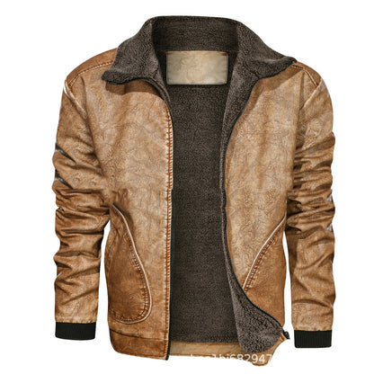 Men’s Lapel PU Leather Jacket with Velvet Padding for Winter