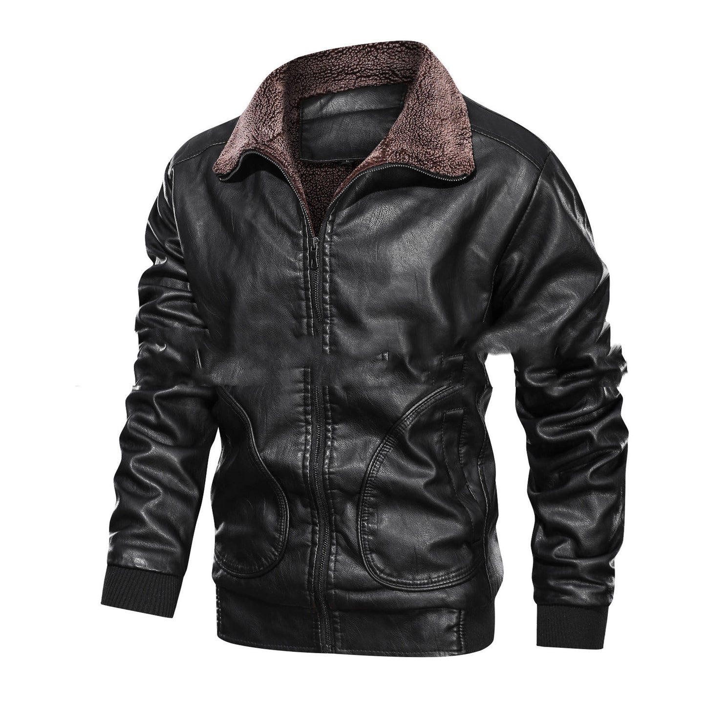 Men’s Lapel PU Leather Jacket with Velvet Padding for Winter