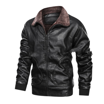 Men’s Lapel PU Leather Jacket with Velvet Padding for Winter