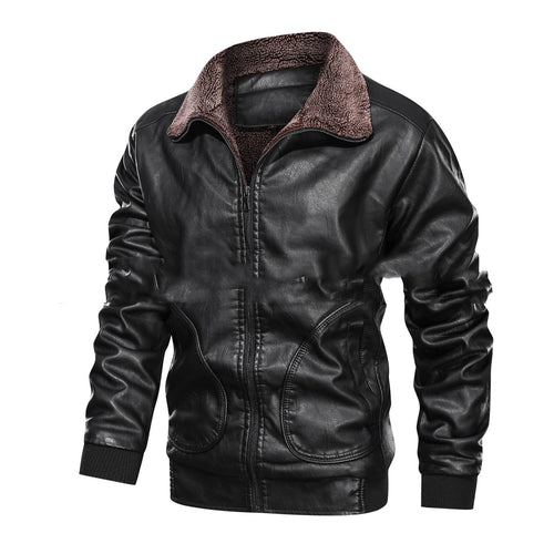Men’s Lapel PU Leather Jacket with Velvet Padding for Winter