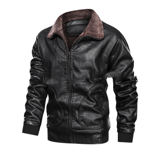 Men’s Lapel PU Leather Jacket with Velvet Padding for Winter