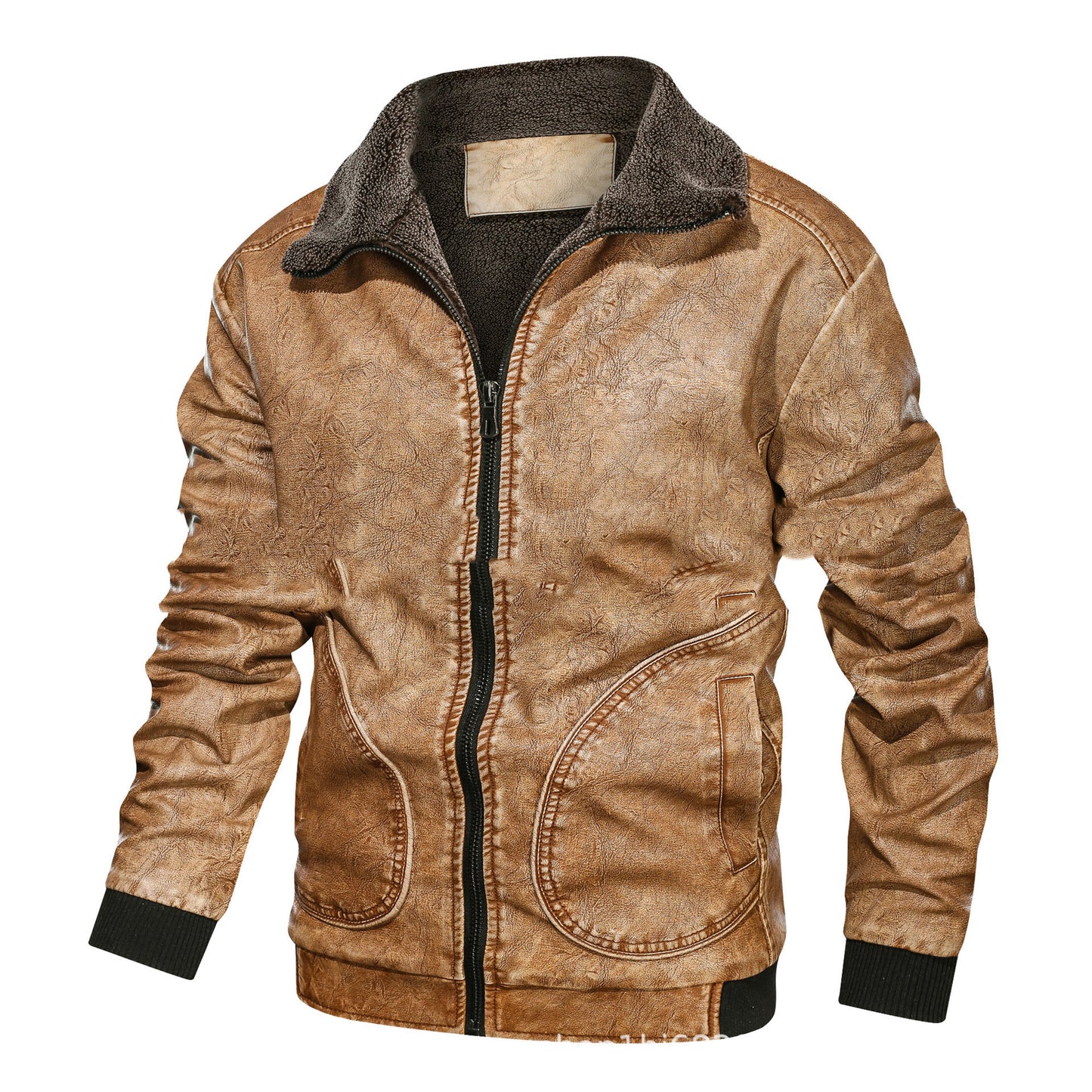 Men’s Lapel PU Leather Jacket with Velvet Padding for Winter