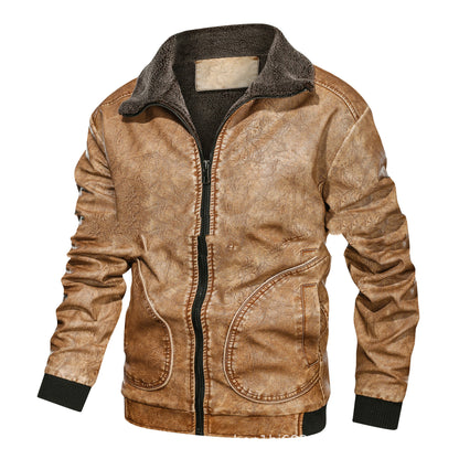 Men’s Lapel PU Leather Jacket with Velvet Padding for Winter