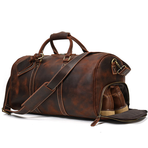 Men’s Crazy Horse Leather Travel Duffel Bag Retro Weekend Carry Bag