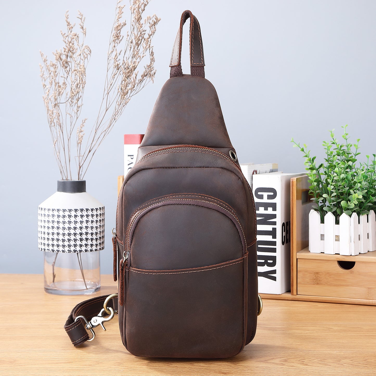 Men’s Horse Leather Chest Bag Stylish Shoulder Messenger Crossbody Handbag