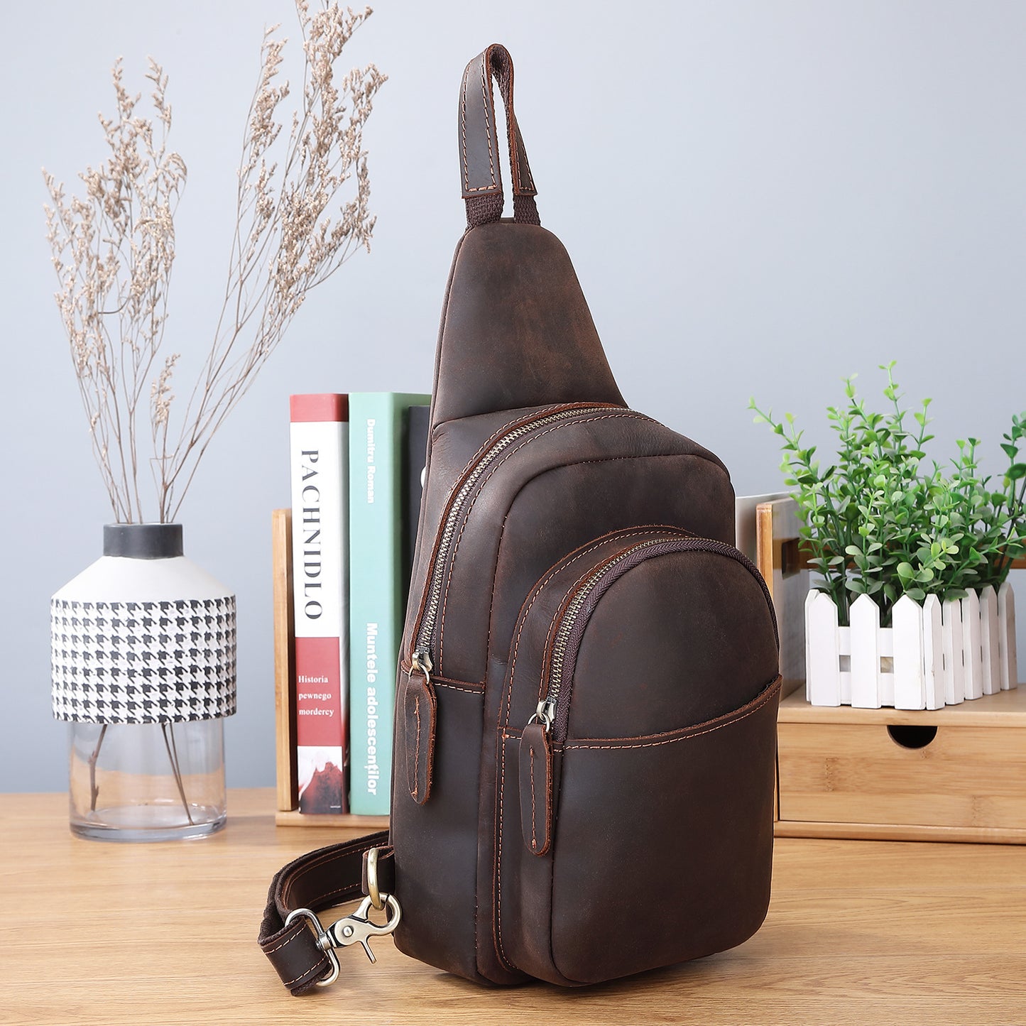 Men’s Horse Leather Chest Bag Stylish Shoulder Messenger Crossbody Handbag