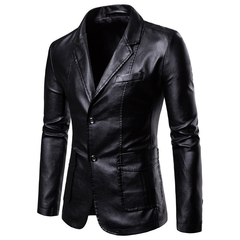 Men’s Slim Fit PU Leather Blazer with Lapel Collar