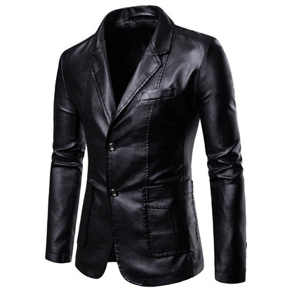 Men’s Slim Fit PU Leather Blazer with Lapel Collar