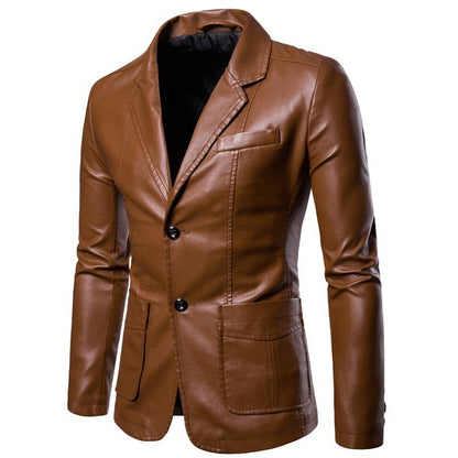 Men’s Slim Fit PU Leather Blazer with Lapel Collar