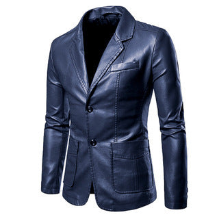 Men’s Slim Fit PU Leather Blazer with Lapel Collar
