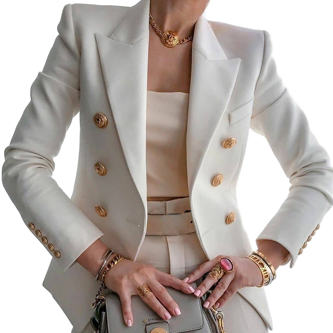 Women's Elegant Metal Button Blazer for Chic Winter Style