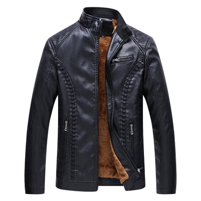 Men’s Fleece Lined PU Leather Jacket with Stand Collar