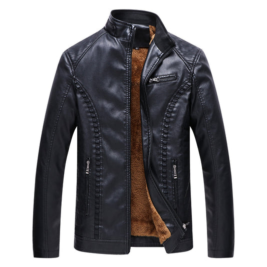 Men’s Fleece Lined PU Leather Jacket with Stand Collar