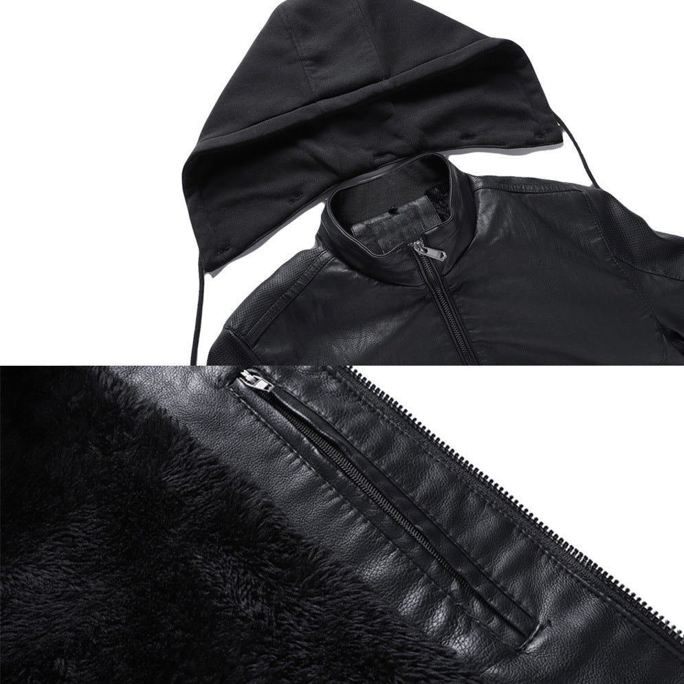 Men's Hooded Leather Jacket with Stand Collar for Winter Style