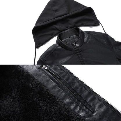 Men's Hooded Leather Jacket with Stand Collar for Winter Style