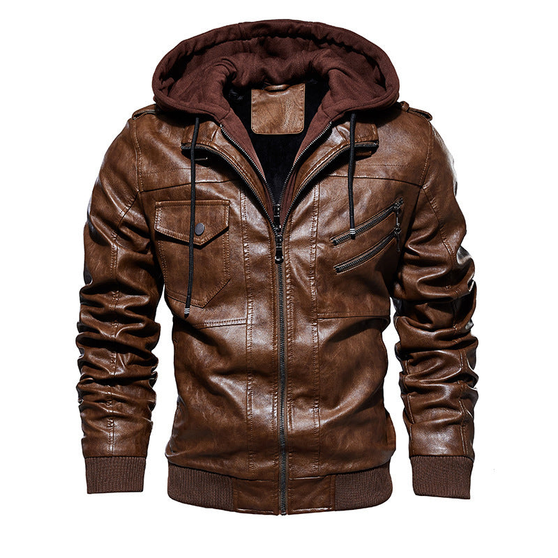 Men's Stylish Hooded PU Leather Jacket with Zipper Front Design