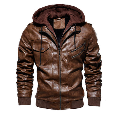 Men's Stylish Hooded PU Leather Jacket with Zipper Front Design
