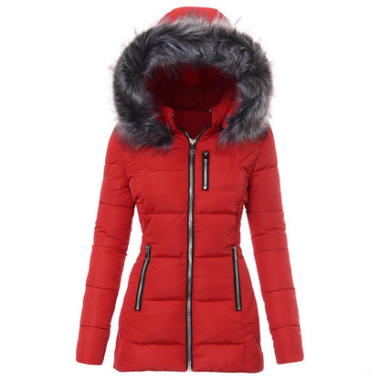Women's Hooded Fur Cotton Jacket for Warm Outdoor Winter Comfort