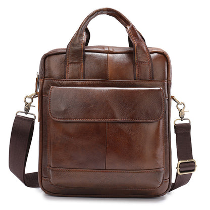 Men’s Genuine Cowhide Leather Vertical Briefcase Retro Business Handbag