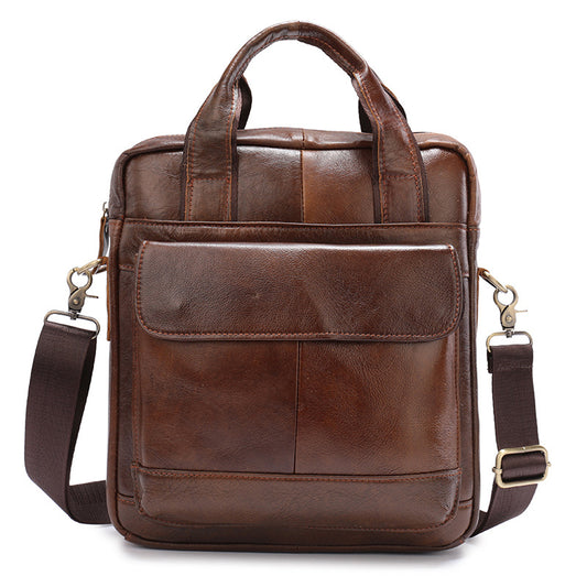 Men’s Genuine Cowhide Leather Vertical Briefcase Retro Business Handbag