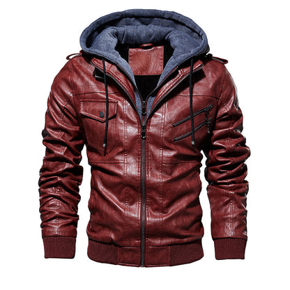 Men's Stylish Hooded PU Leather Jacket with Zipper Front Design