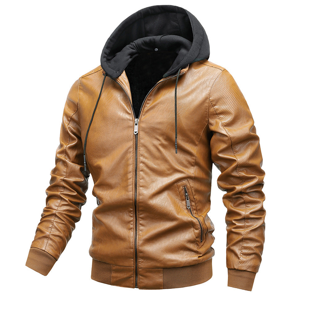 Men's Hooded Leather Jacket with Stand Collar for Winter Style