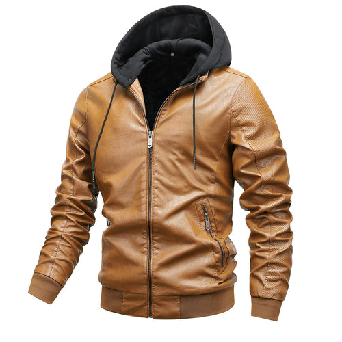 Men's Hooded Leather Jacket with Stand Collar for Winter Style