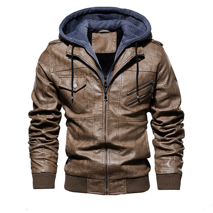Men's Stylish Hooded PU Leather Jacket with Zipper Front Design