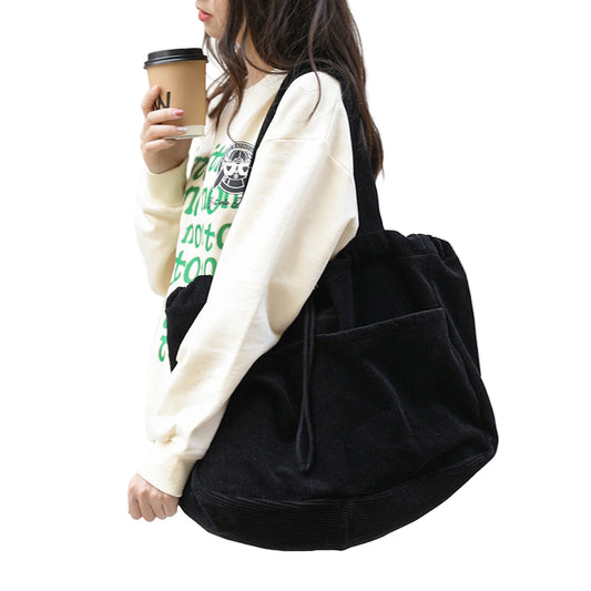 Women's Corduroy Drawstring Shoulder Handbag with Multi Pocket Design