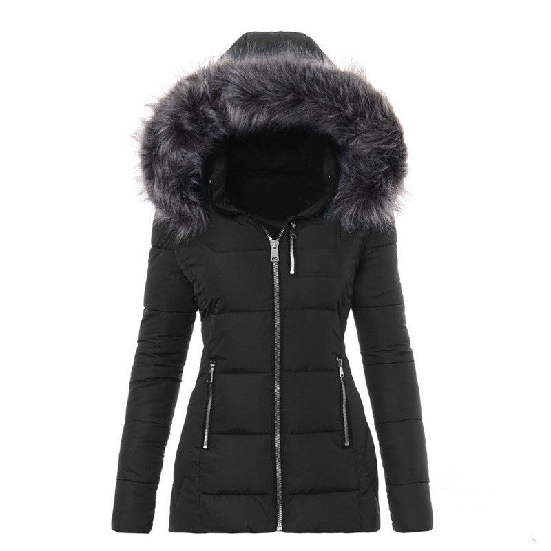 Women's Hooded Fur Cotton Jacket for Warm Outdoor Winter Comfort