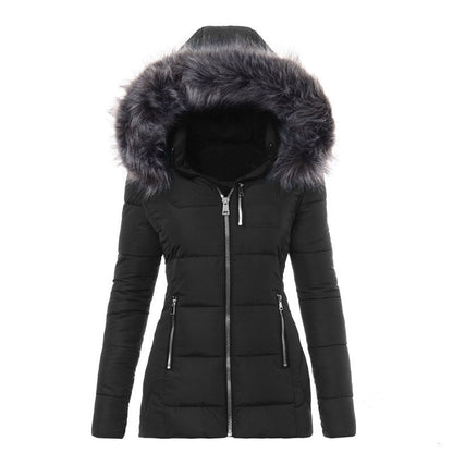 Women's Hooded Fur Cotton Jacket for Warm Outdoor Winter Comfort
