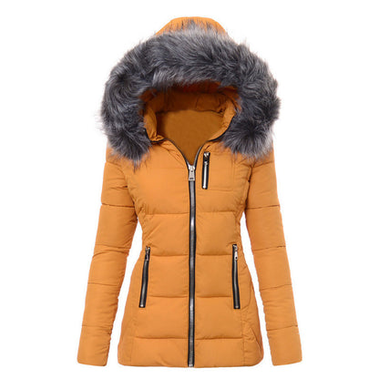 Women's Hooded Fur Cotton Jacket for Warm Outdoor Winter Comfort