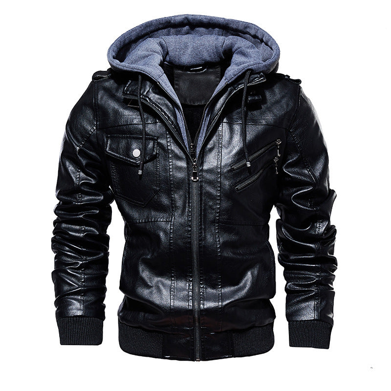 Men's Stylish Hooded PU Leather Jacket with Zipper Front Design