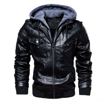 Men's Stylish Hooded PU Leather Jacket with Zipper Front Design