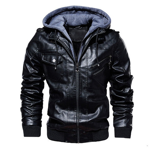 Men's Stylish Hooded PU Leather Jacket with Zipper Front Design