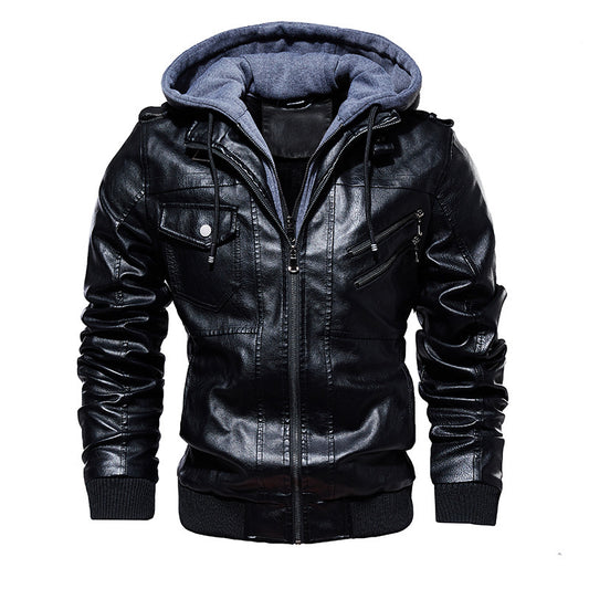 Men's Stylish Hooded PU Leather Jacket with Zipper Front Design