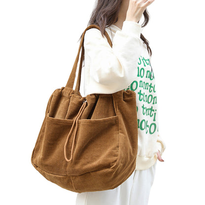Women's Corduroy Drawstring Shoulder Handbag with Multi Pocket Design