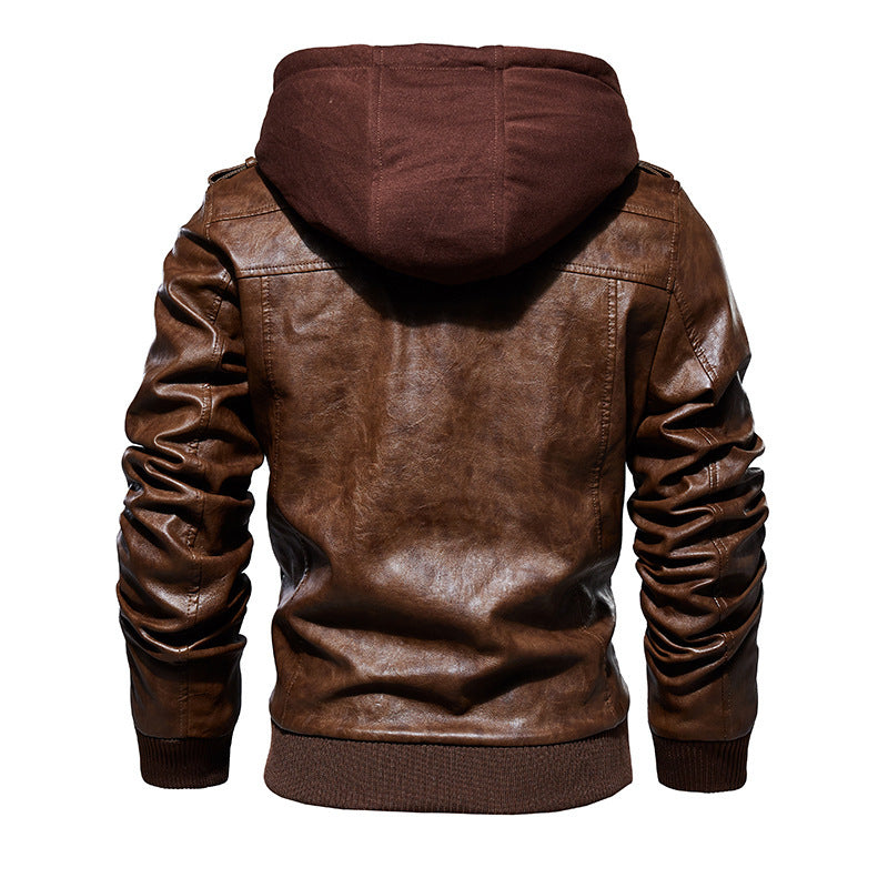 Men's Stylish Hooded PU Leather Jacket with Zipper Front Design