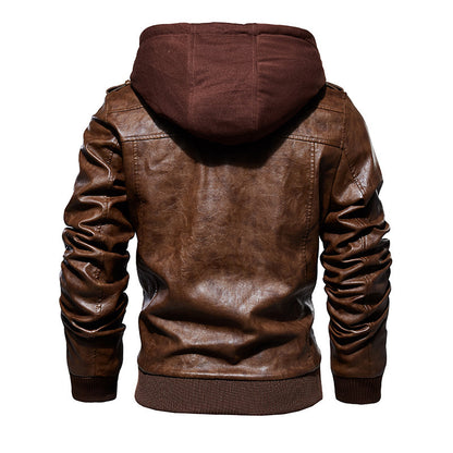 Men's Stylish Hooded PU Leather Jacket with Zipper Front Design