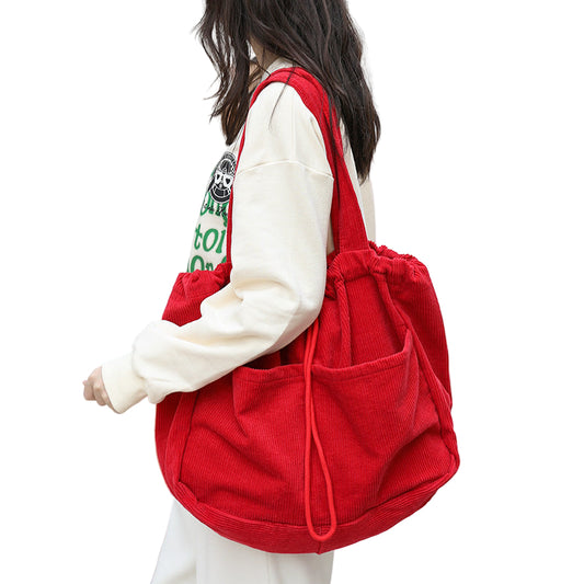 Women's Corduroy Drawstring Shoulder Handbag with Multi Pocket Design
