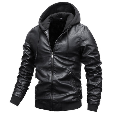 Men's Hooded Leather Jacket with Stand Collar for Winter Style