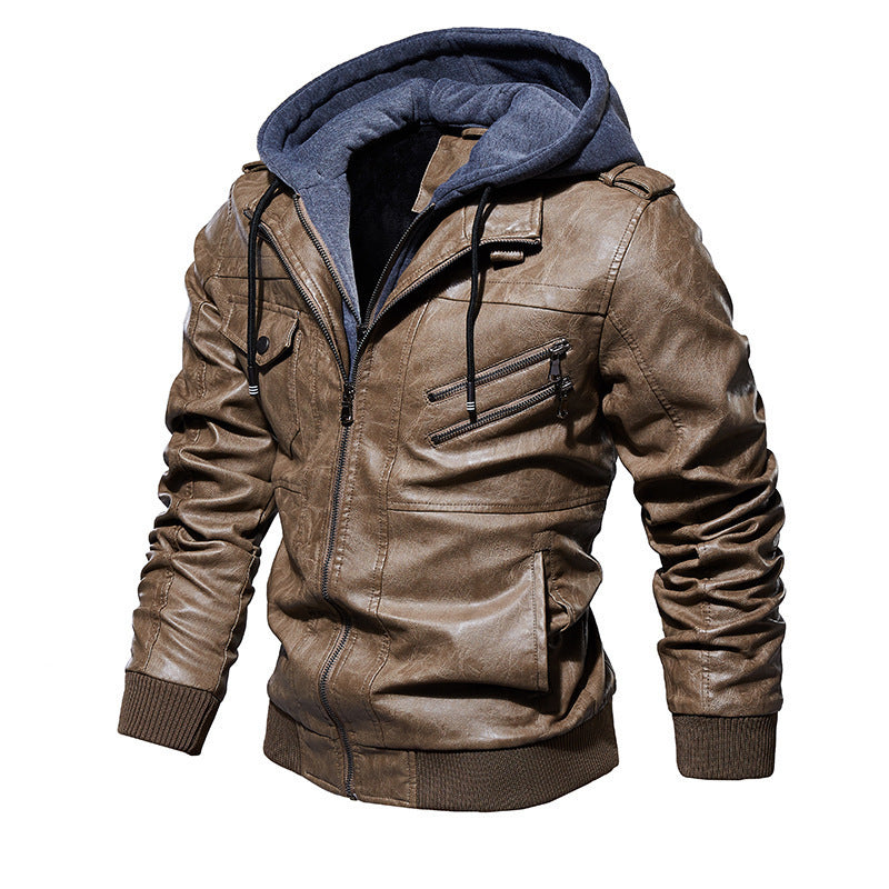 Men's Stylish Hooded PU Leather Jacket with Zipper Front Design