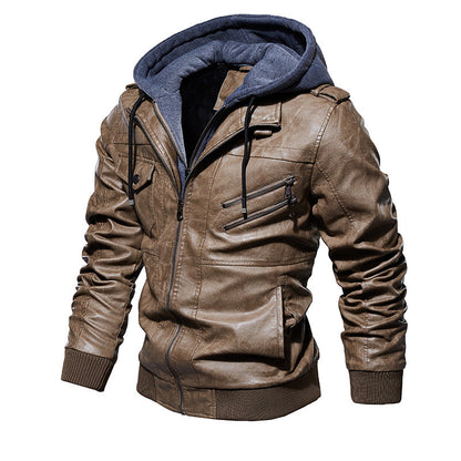 Men's Stylish Hooded PU Leather Jacket with Zipper Front Design