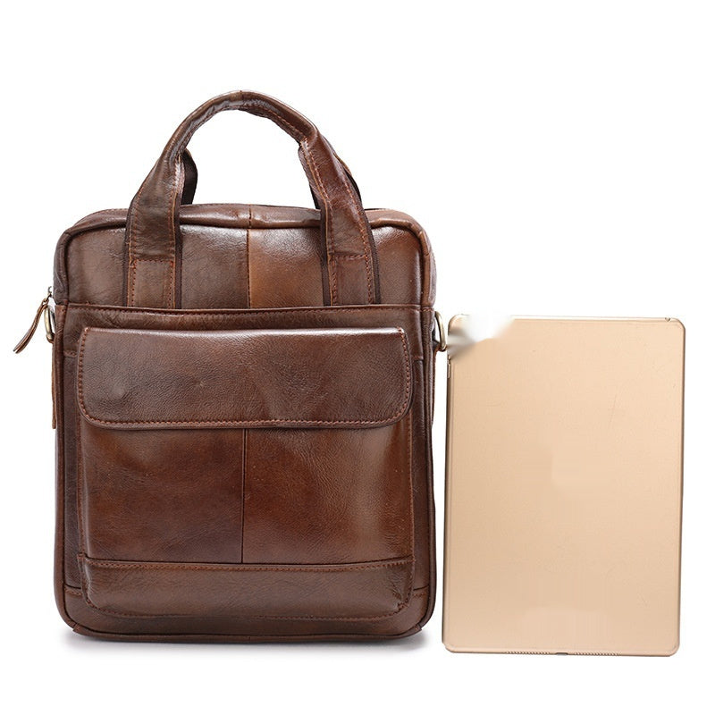 Mens Vertical Briefcase Retro Handbag - Genuine Cowhide Leather